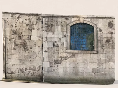 Weathered Stone Wall With Arched Window And Blue Glass Panes 3d model