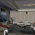 Modern Home Theater with Starry Ceiling Gold Accents Large TV White Sofa and Pink Armchair