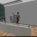 Modern Reception Desk With Female Receptionist Glass Countertop Apple Computer Green Plant Wooden Floor