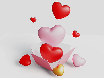 Open Box With Floating Red Pink Yellow And Gold Hearts 3d model