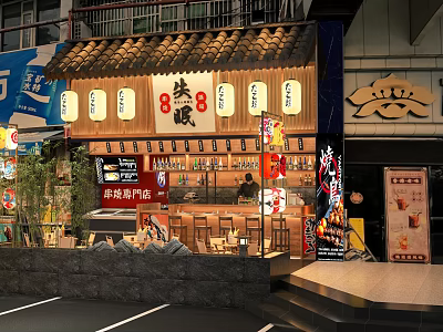 Traditional Japanese Restaurant Exterior With Wooden Roof Lanterns And Seating Area 3d model
