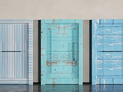 Three Stylish Barn Doors With Light Blue Light Green Blue Wood Grain And Distressed Finish 3d model