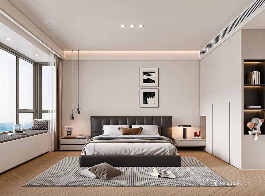 Modern Bedroom Interior With Dark Headboard Bed Nightstands Wall Art Large Windows And Rug 3d model 