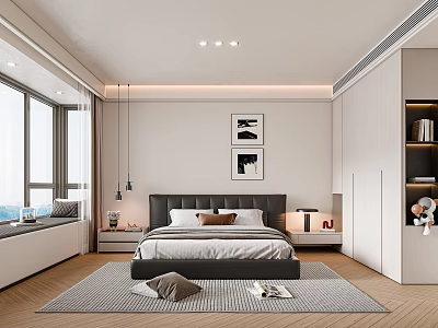 Modern Bedroom Interior With Dark Headboard Bed Nightstands Wall Art Large Windows And Rug 3d model