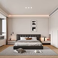 Modern Bedroom Interior With Dark Headboard Bed Nightstands Wall Art Large Windows And Rug