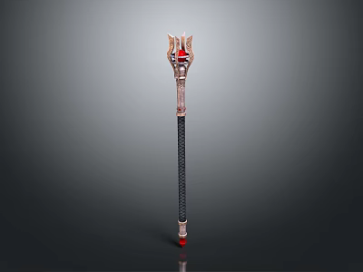 Ornate Staff Weapon Featuring Golden Top Red Gem And Braided Black Shaft 3d model