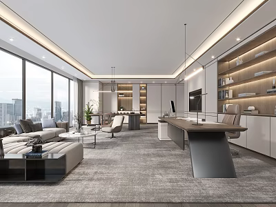 Modern Office Interior With Large Windows City View Sofa Area Desk And Bookshelves 3d model
