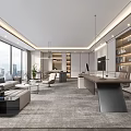 Modern Office Interior With Large Windows City View Sofa Area Desk And Bookshelves