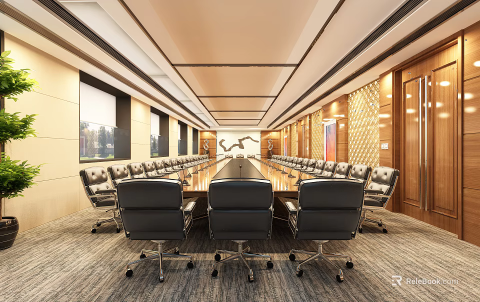 Spacious Conference Room Interior Featuring Long Table Black Leather Chairs Wooden Panels And Large Windows 3d model 