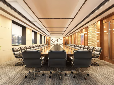 Spacious Conference Room Interior Featuring Long Table Black Leather Chairs Wooden Panels And Large Windows 3d model