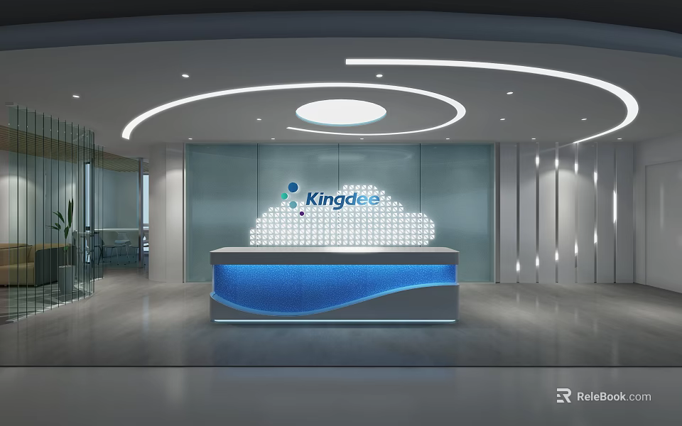 Modern Front Desk Reception Area With Kingdee Logo And Circular Ceiling Lighting 3d model