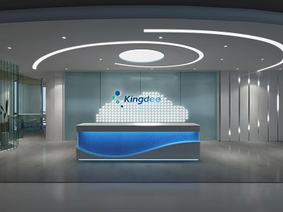 Modern Front Desk Reception Area With Kingdee Logo And Circular Ceiling Lighting 3d model