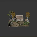Wooden House With Small Patio Autumn Trees Green Grass And Stones In Natural Setting