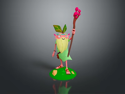 Cute Gnome Game Movie Character With Green Leaf Headpiece Long Beard And Red Berry Staff 3d model