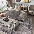 Modern Double Bed with Gray Bedding Pillows and Bench in Bedroom with Window View 3d model
