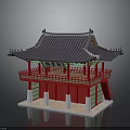 Traditional Asian Tower With Purple Tiled Roof Red Pillars Decorative Eaves And Green Red Walls