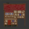 Picturesque Rural Scenery With Half Timbered House Red Tiled Roof Red Door And Blue Windows