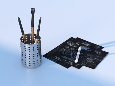Practical Office Supplies With Metal Pen Holder Black Notebooks And Pens 3d model