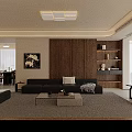 Modern Living Dining Room Interior With Black Sofa Wooden Accent Wall And Coffee Table