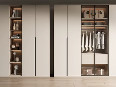 Modern Wardrobe with White Doors Black Trim Hanging Area Drawers Storage Boxes and Open Shelves 3d model