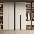 Modern Wardrobe with White Doors Black Trim Hanging Area Drawers Storage Boxes and Open Shelves