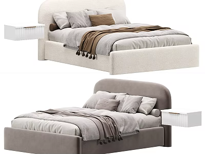 Modern Upholstered Double Bed with Curved Headboard Nightstands Pillows and Blankets in Neutral Tones 3d model