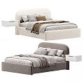 Modern Upholstered Double Bed with Curved Headboard Nightstands Pillows and Blankets in Neutral Tones