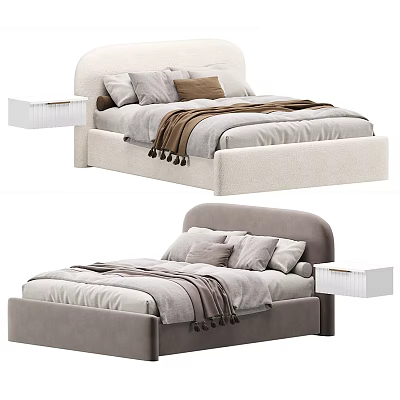 Modern Upholstered Double Bed with Curved Headboard Nightstands Pillows and Blankets in Neutral Tones 3d model