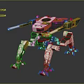 Futuristic Quadruped Mech Character With Turrets Orange Green White Armor Plating