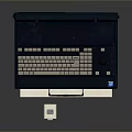 Dark Blue Portable Computer Featuring Open Screen Keyboard Drawer Tray And Small White Device