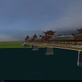 Traditional Chinese Bridge with Illuminated Pavilions and Water Surface Reflection in Evening Sky