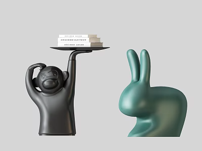 Black Monkey Shaped Tray With Stack Of Books And Green Rabbit Figurine Decorative Ornament Set 3d model