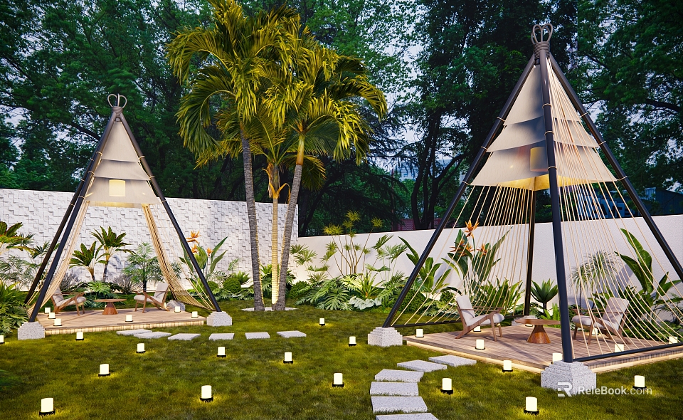 Evening Courtyard Garden With Teepee Structures Palm Trees Stepping Stone Path White Lights And Lush Greenery 3d model 