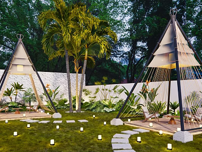 Evening Courtyard Garden With Teepee Structures Palm Trees Stepping Stone Path White Lights And Lush Greenery 3d model