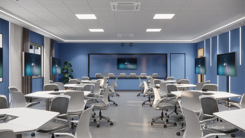 Modern School Classroom With Blue Walls White Tables Chairs Ceiling Lights And Smart Devices 3d model 