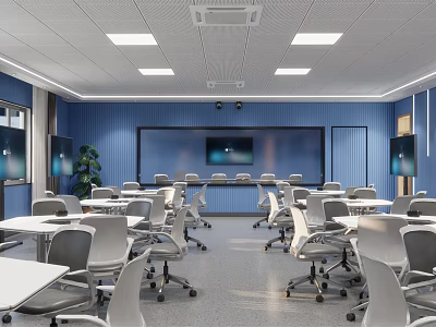 Modern School Classroom With Blue Walls White Tables Chairs Ceiling Lights And Smart Devices 3d model