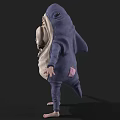 Cartoon Game Skeleton Character in Blue Shark Costume with Open Mouth and Green Stains