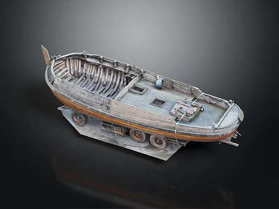 Old Wooden Boat with Weathered Wooden Hull Supported by Metal Wheels on Black Background 3d model
