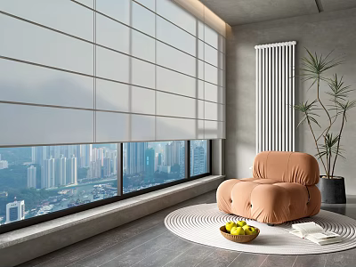 Modern Roller Blinds Covering Large Window with City View and Comfy Chair 3d model