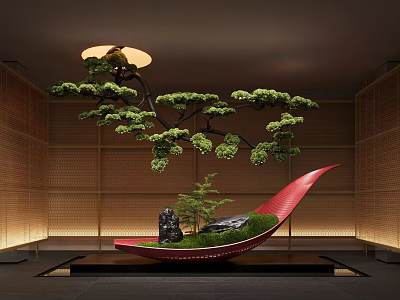 Japanese Style Indoor Landscape With Pine Bonsai Red Curved Structure Green Moss And Black Stone 3d model
