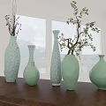 Light Green Vases With Various Shapes And Plants On Wooden Table By Bright Window
