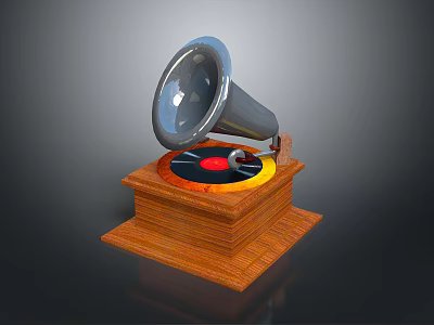 Vintage Gramophone with Metallic Horn and Rotating Turntable on Wooden Base 3d model