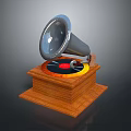 Vintage Gramophone with Metallic Horn and Rotating Turntable on Wooden Base