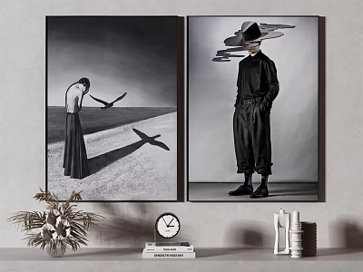 Two Black And White Portrait Paintings Featuring Woman At Seaside And Standing Man With Hat 3d model