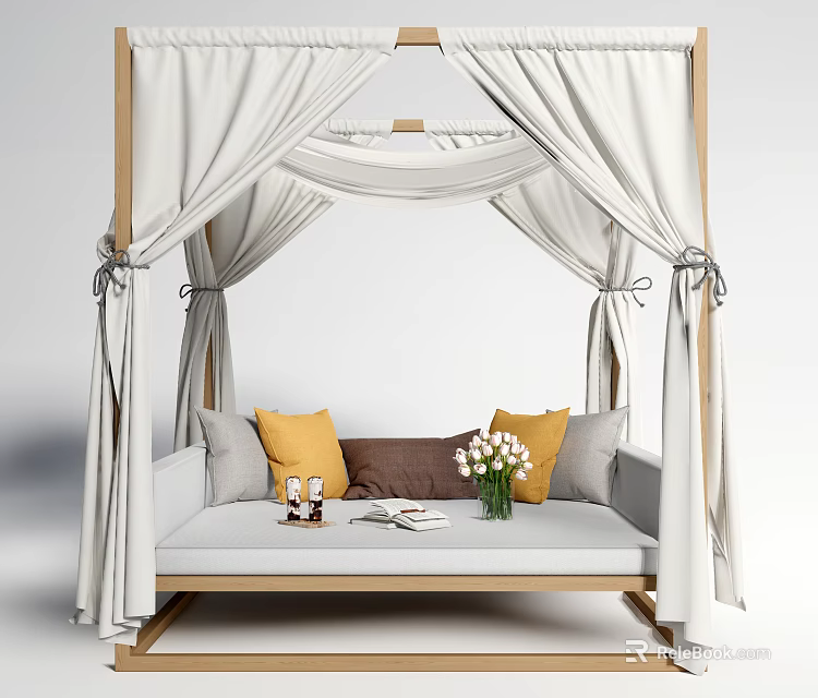 Outdoor Sofa with Wooden Frame White Curtains Yellow and Gray Cushions Vase and Tray 3d model 