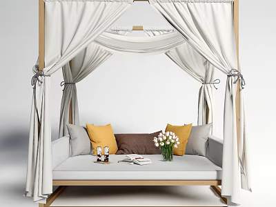 Outdoor Sofa with Wooden Frame White Curtains Yellow and Gray Cushions Vase and Tray 3d model