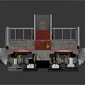 Red And Gray Pontoon Boat With Flat Deck Metal Railing And Control Cabin