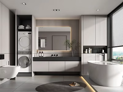 Modern Bathroom Interior With Large Mirror Washing Machine Countertop And Bathtub 3d model
