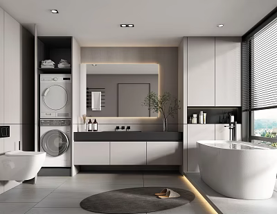 Modern Bathroom Interior With Large Mirror Washing Machine Countertop And Bathtub 3d model