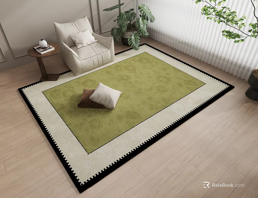 Square Green Rug With White Black Border And Pillows On Light Wood Floor 3d model 